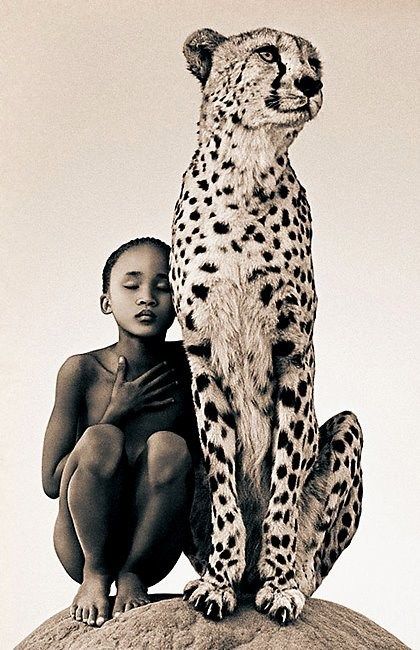 Africa: San girl with cheetah, Namibia, Gregory Colbert Gregory Colbert, Foto Tips, Cheetahs, 영감을 주는 캐릭터, White Photo, Pics Art, Big Cats, White Photography, Black And White Photography