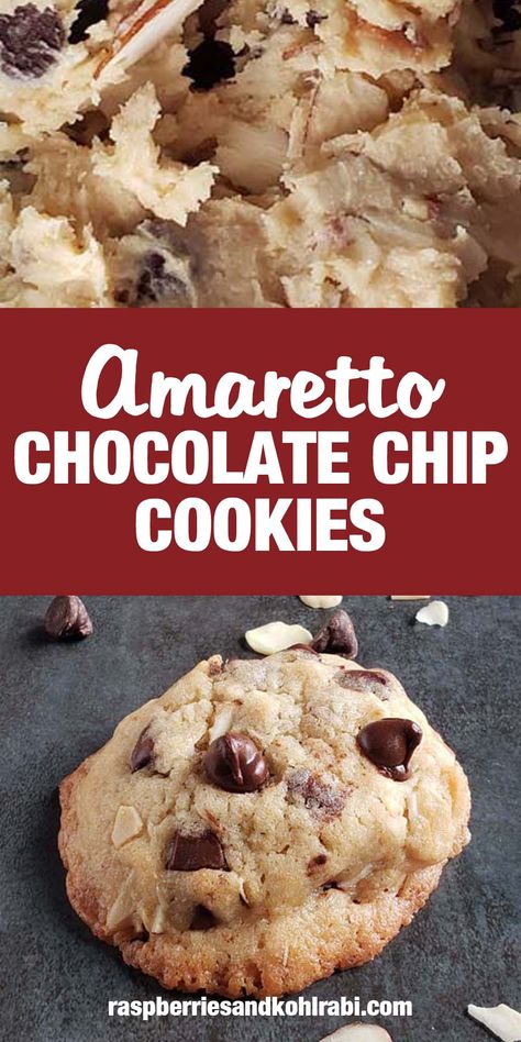 Chocolate chip cookies with amaretto and almonds. Toasted Almond Amaretto Cookies, Chocolate Amaretto Cookies, Desserts With Amaretto, White Chocolate Amaretto Cake, Amaretto Deserts, Cherry Amaretto Cookies, Alcoholic Cookies Recipes, Alcohol Cookies Recipes, Amaretto Cookies Recipe