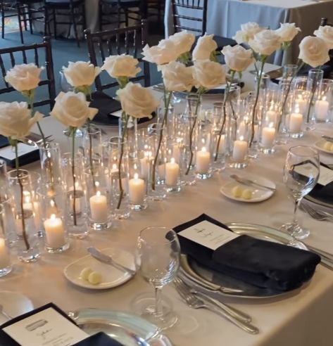 Wedding Table Set Up With Candles, Weddings Ideas Elegant, White Roses Bridal Shower Decor, White Roses Long Table, White Wedding Table Decor With Candles, White Rose Candle Centerpiece Wedding, Wedding Cake Table Floral Arrangements, Classy Wedding Centerpieces Diy, Simple Wedding Table Centrepiece