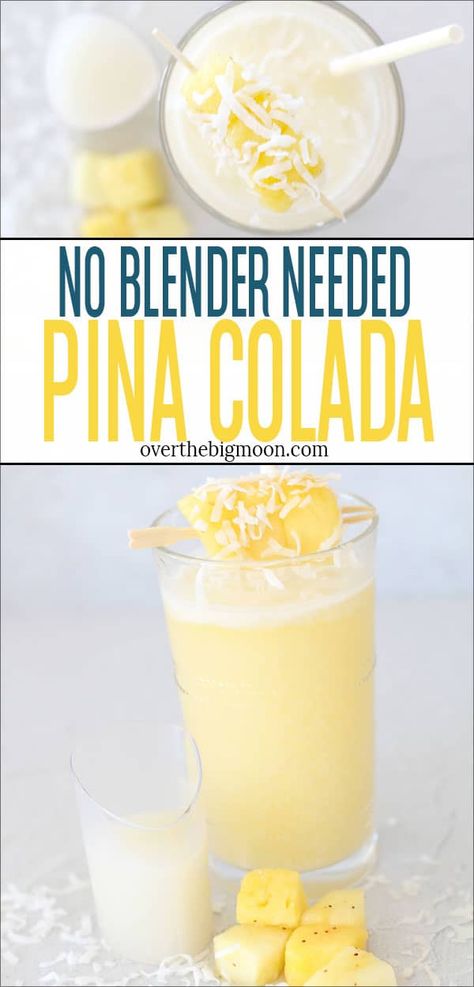 An easy and creamy No Blender Pina Colada made out of a coconut pineapple sparkling water, cream of coconut, and pineapple chunks! This non-frozen pina colada is the perfect fresh drink on a warm day! From overthebigmoon.com #pinacolada #cocktail #coconut #pineapple #virginpinacolada #partydrink Pineapple Water Recipe, Pina Colada Punch, Easy Pina Colada Recipe, Cocktail Coconut, Sparkling Water Recipes, Juice Ideas, Coconut Milk Drink, Pina Colada Drinks, Frozen Pina Colada