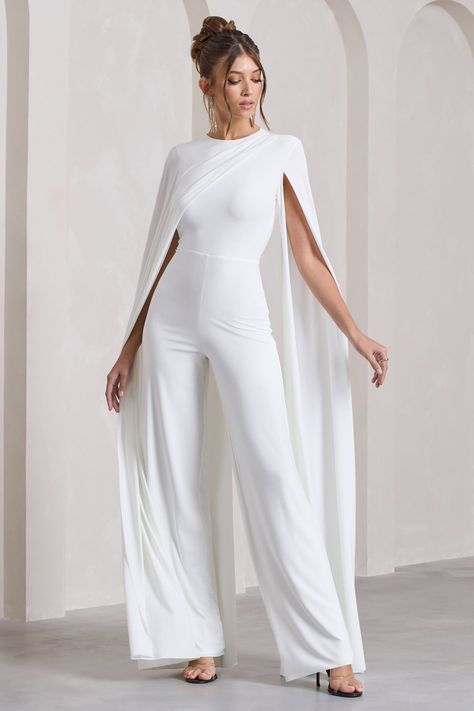 Harley White Straight-Leg Jumpsuit With Cape Sleeves – Club L London - USA Jump Suites Elegant Wedding, Long Sleeve Wedding Jumpsuit, Mexican Jumpsuit, Bridal Jumpsuit With Cape, Graduation Outfit Ideas White, Engagement Jumpsuit, Bridal Jumpsuit The Bride, Wedding Views, Pageant Wardrobe