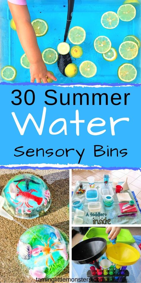 Cool down these summer holidays with 30 of the coolest water based sensory bins. These sensory activities are fantastic for babies, toddlers and preschoolers who need to strengthen fine motor skills, and learn through play.  #sensory #summer #babies #toddlers #preschoolers #finemotor Summer Toddler Sensory Activities, Water Sensory Play Preschool, Water Play Activities For Preschoolers Sensory Table, Outdoor Water Sensory Play, Preschool Summer Sensory Bin, Water Sensory Activities Preschool, Summer Sensory Bin Kindergarten, Diy Water Sensory Bin, Outdoor Sensory Bin Ideas