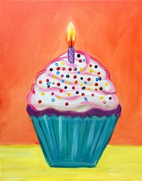 Cupcake Painting Easy, Cupcake Painting On Canvas, Birthday Acrylic Painting, Birthday Cake Painting, Sweets Painting, Painted Cupcakes, Hearts Painting, Cupcake Painting, Kids Painting Party