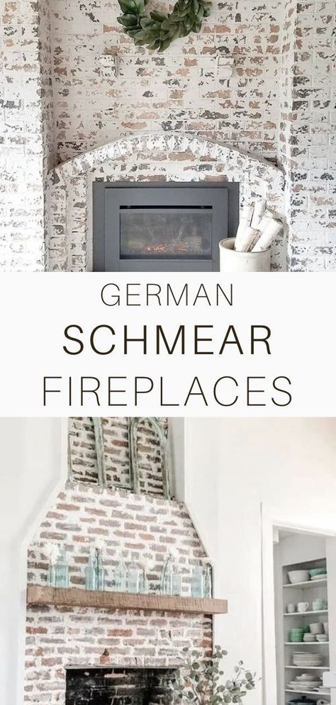 German Schmear Fireplace, Fireplace Mortar, Fireplace Makeover Ideas, Fireplace Aesthetic, Mortar Wash, Exposed Brick Fireplaces, Fireplace Makeovers, White Wash Brick Fireplace, German Schmear