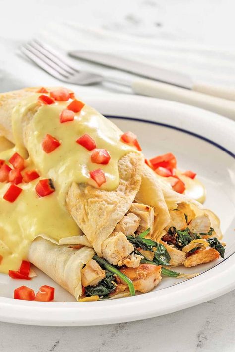 IHOP Chicken Florentine Crepes - CopyKat Recipes Chicken Florentine Crepes Recipe, Chicken Florentine Crepes, Breakfast Crunchwrap, Chicken Crepes, Popular Breakfast Recipes, Florentines Recipe, Crepes Filling, Chicken Florentine, Chicken Spinach