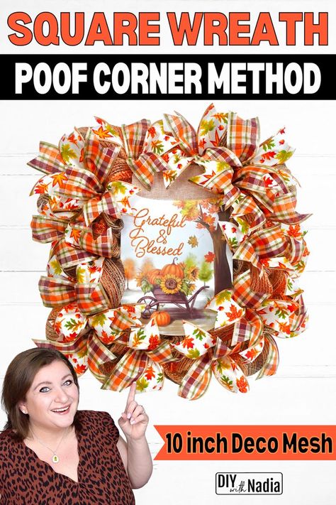 Wreath Fall Autumn, Diy Deco Mesh Wreath, Square Wreath, Fall Deco Mesh Wreath, Christmas Wreath Craft, Deco Mesh Wreaths Tutorials, Fall Deco Mesh, Deco Mesh Wreaths Diy, Fall Thanksgiving Wreaths