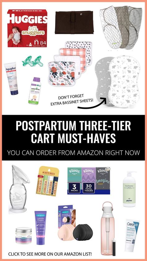 A list of postpartum items for mom and baby including diapers, pacifiers, swaddles, breast pads, chapstick, water bottle and hand lotion. New Mom Organization, Mom Cart, Postpartum Necessities, Postpartum Bedside, Post Partum Bedside Cart, New Mom Bedside Basket, Postpartum Essentials Cart, New Mom Bedside Cart, Postpartum Cart Bedside