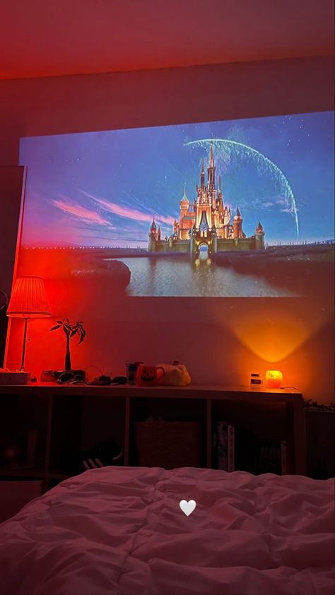 Mini Projector In Bedroom Ideas, Projector In Bedroom, Cinema Projector, Disney Movie Night, Indian Bedroom Decor, Glow Birthday, Movie Cinema, College Room, Film Disney