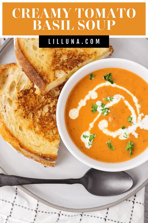 With delicious seasonings, this creamy tomato basil soup has a bold flavor that you'll quickly fall in love with. #creamytomatobasilsoup #tomatosoup #tomatobasilsoup #creamytomatosoup #soup Tomato Basil Recipes, Quick Tomato Soup, Creamy Tomato Soup Recipe, Basil Soup Recipe, Tomato Basil Soup Recipe, Creamy Tomato Basil Soup, Comfort Soup Recipes, Tomato Basil Sauce, Basil Recipes