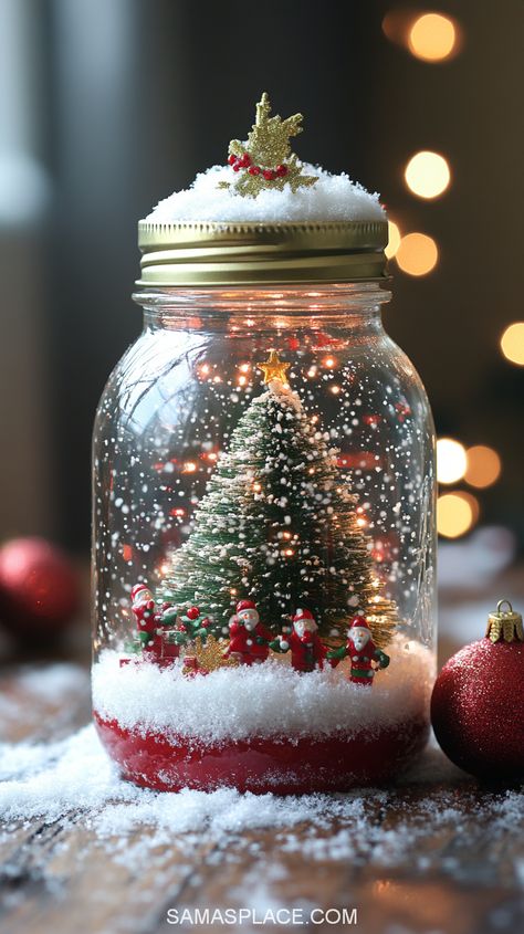 Get creative this season with 29+ Xmas Mason jar ideas for 2024! These versatile jars are perfect for festive decorations, DIY gifts, or cozy lighting. Fill them with fairy lights and faux snow for a magical glow, or use them to create rustic candle holders with greenery and ribbons. Design thoughtful gifts like layered hot cocoa mix, cookie kits, or bath salts. #XmasMasonJarIdeas #HolidayDIY2024 #FestiveCrafts #ChristmasDecor Light Me Up Jar Design, Christmas Scenes In A Jar, Christmas Table Centerpieces Mason Jars, Mason Christmas Jar Ideas, Diy Fairy Jar, Little Jars Ideas, Christmas Jars Diy, Christmas Jar Gifts Ideas, Snow In A Jar