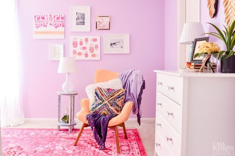 how to decorate little girls room wall decor Pink And Lavender Bedroom, Eye Of The Tiger Song, Gallery Wall Rules, Jungalow Bathroom, Purple Office Decor, Pink And Purple Room, Magenta Walls, Purple Girls Bedroom, Boho Girls Room