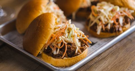 Pulled pork with barbecue sauce isn't just a dish — it's a technique. Rootbeer Pulled Pork, Pork Sandwich Recipes, Beer Pulled Pork, Shredded Buffalo Chicken, Bbq Pulled Pork Sandwiches, Buffalo Chicken Sliders, Barbecue Pulled Pork, Apple Slaw, Pork Sliders