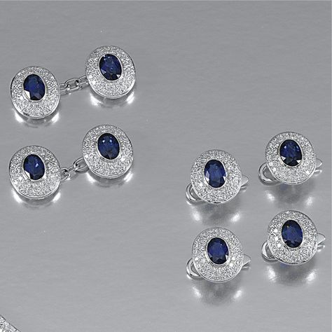 SAPPHIRE AND DIAMOND DRESS SET Comprising: a pair of cufflinks and four dress studs, each link centring on an oval sapphire, to a surround pavé-set with brilliant-cut diamonds. Kurta Buttons Men Diamond, Kurta Buttons, Wedding Dress Men, Diamond Dress, Mens Kurta, Dress Sets, Bridal Jewelry Collection, Business Deals, Ladies Shirt