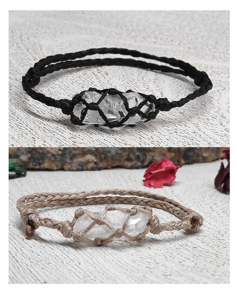 Macrame knotted, adjustable bracelets with natural raw clear quartz crystal braided with nylon waxed cord. Size : 6in (15,5 cm) - is a bracelet which closed length is 6 inches, and the knots near the stone. opens about 10,5 inches. It is suitable for wrist 6 inches and bigger. 7 in (18cm) is a bracelet which closed length is 7in, and it is good for wrist 7 inches and bigger. 8 in (20cm) is a bracelet which closed length is 8 inches, and it is good for wrist 8 inches and bigger. To open and close Hemp Bracelet Diy, Crystal Bracelets Diy, Knotted Bracelets, Raw Stone Bracelet, Clear Quartz Bracelet, Raw Clear Quartz, Knotted Bracelet, Bracelet Macrame, Gems Bracelet