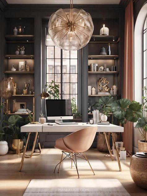 11 Home Office Decor Ideas to Copy Now Moody Feminine Office, Woman’s Office, Dark Feminine Office, Women’s Home Office, Modern Victorian Office, Elegant Home Office Ideas For Women, Home Office Women, Classy Home Office, Modern Home Office For Women