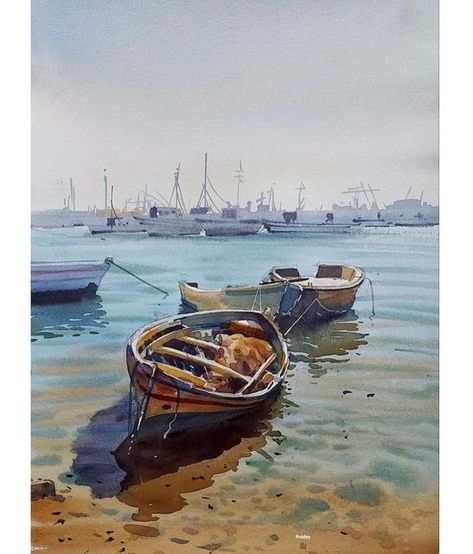 Watercolor Boat, Seascapes Art, Watercolor Architecture, Lake Painting, Marine Art, Watercolor Pictures, Watercolour Inspiration, Boat Art, Boat Painting