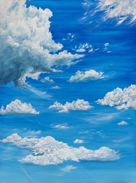 blue skies happy clouds Blue Skies Painting, Summer Sky Painting, Sky Art Painting Cloud, Blue Sky Clouds Painting, Painting Sky Clouds, Blue Sky Painting Acrylic, Blue Paintings Aesthetic, Cloudy Sky Drawing, Sky Drawing Clouds