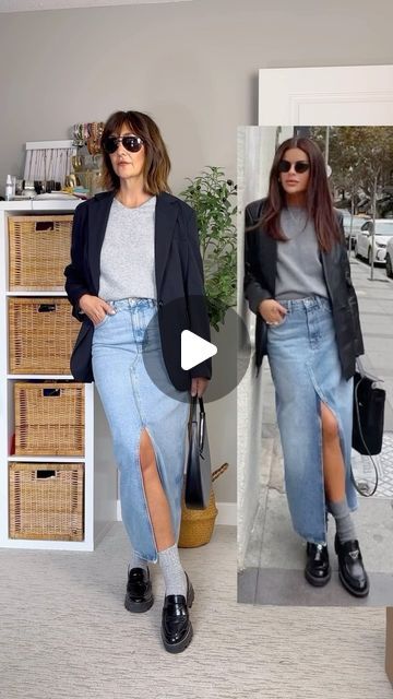 Christin Bryant | over 40 style | 🇨🇦 on Instagram: "Early fall Pinterest inspo! I’m loving the short socks trend, adds a bit of interest and keeps your feet warm! Comment “link” for a dm with links & size info. Lmk what you think of this trend in the poll or comments 🧦   Denim skirt: Mango Hoodie, blazer, socks: Amazon Loafers: Franco Sarto Bag: Oak & Fort  Inspo pic: @nazifeeozcan via Pinterest   #pinterestoutfit #pinterestfashion #blazeroutfit #pinterestinspiration blazer outfit, denim skirt outfit, loafers outfit, sock trend, fall 2024 trend" Denim Skirt And Loafers Outfit, Outfit Denim Skirt, Hoodie Blazer, Over 40 Style, Fall Pinterest, Denim Skirt Outfit, Loafers With Socks, Outfit Denim, Loafers Outfit