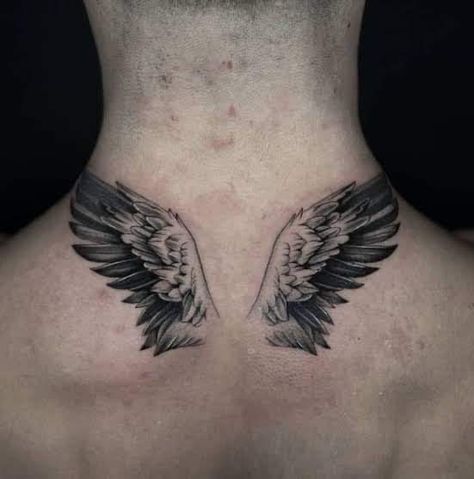 Angel Wings Tattoo For Men, Wings Tattoo For Men, Tattoo Behind Neck, Wing Tattoos For Men, Angel Wings Halo Tattoo, Angelo Tattoo, Angel Wing Tattoos, Halo Tattoo, Rib Tattoos For Guys