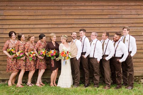 Brown Suspenders and Pants Brown Groomsmen, Knee Length Floral Dress, Brown Suspenders, Brown Pants, Brown Sandals, Suspenders, Photo Inspiration, Knee Length, Wedding Party