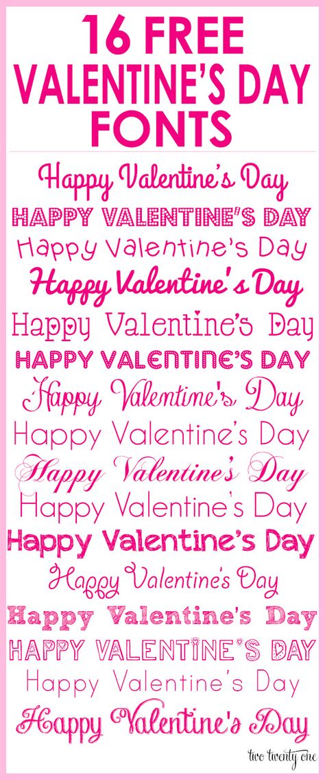 Valentine's Day is right around the corner, so I wanted to share some of my favorite free Valentine's Day fonts with you.  These are perfect for printables, homemade Valentine cards, gift tags, decorations, and more. I wrote out Happy Valentine's Day with each font so you can see how they look. <a href=http://www. Happy Valentines Day Font, Valentines Font, Numbers Tattoo, Homemade Valentine, Alfabet Font, Scrapbook Fonts, Valentine Font, Computer Font, Silhouette Fonts