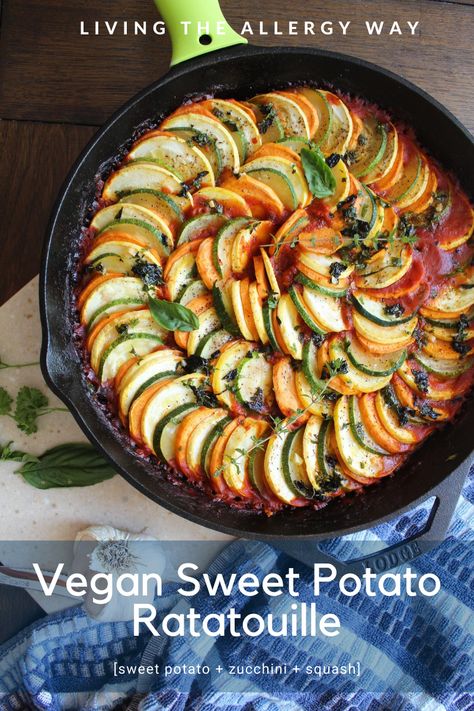 Don't like eggplant, but love Ratatouille? No problem! Try this outstanding Vegan Sweet Potato Ratatouille! It's so delicious! Ratatouille No Eggplant, Ratatouille With Potatoes, Sweet Potato Ratatouille, Ratatouille Recipe No Eggplant, Eggplant Sweet Potato Recipes, Potato Ratatouille, Vegetable Ratatouille, Eggplant Zucchini, 2023 Recipes