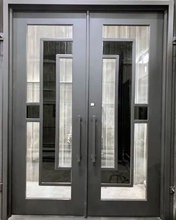 Custom Iron Door Pros Hestina Front Entry Doors | Wayfair Black Glass Door, Double Front Entry Doors, Iron Entry Doors, Double Front Doors, Front Entryway, Double Entry Doors, Wrought Iron Doors, Front Door Entrance, Iron Door