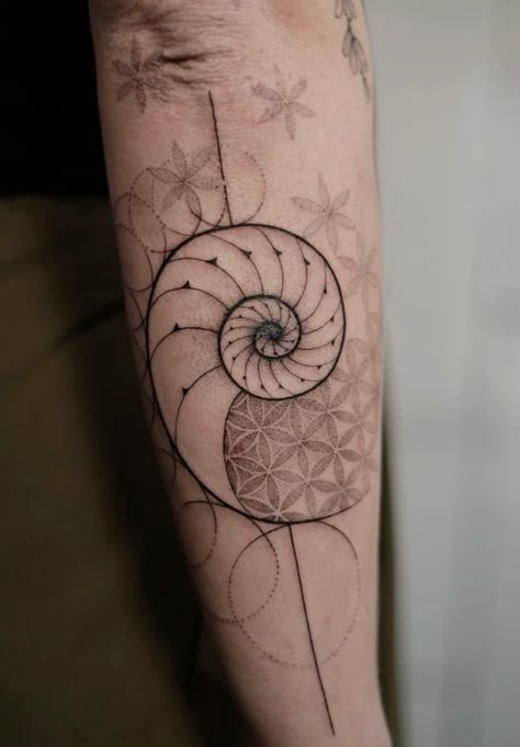 by @aestet.ink Aestet Ink, Fibbonaci Spiral Tattoo, Trippy Tattoo Designs, Geometric Spiritual Tattoo Design, Geometric Meditation Tattoo Design, Fossil Tattoo, Geometric Chakra Tattoo Design, Metatron's Cube Tattoo, Trippy Tattoo