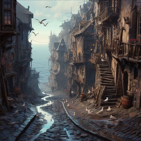 Shanty Town Concept Art, Poor Fantasy Village, Fantasy Mining Town, Fantasy Barracks, Dystopian Village, Fantasy Slums, Medieval Slums, Dnd City Art, Medieval City Art