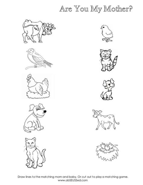 Worksheet for mom baby animal matching | Crafts and Worksheets for Preschool,Toddler and Kindergarten Are You My Mother Preschool Activities, Are You My Mother Book Activities, Mother And Baby Animals, Animal Families, Are You My Mother, Preschool Mom, Matching Worksheets, Animal Worksheets, Worksheet For Kids