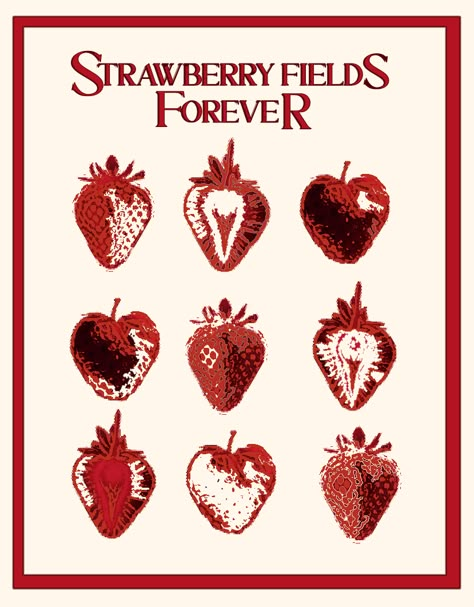 the beatles strawberry fields forever poster aesthetic red downtown room decor Creme Poster Aesthetic, Poster Prints Strawberry, Aesthetic Posters Collage, Strawberry Wall Print, Aesthetic Mini Posters, Wall Prints Aesthetic Bedroom Ideas, The Beatles Red Aesthetic, Strawberry Fields Forever Poster, Strawberry Poster Aesthetic