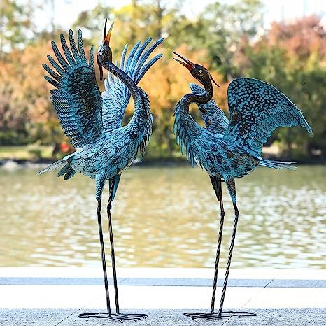 Natelf Garden Crane Sculptures & Statues, Blue Heron Decor Outdoor Large Bird Yard Art, Standing Metal Heron Lawn Ornaments for Home Patio Porch Backyard Decorations(Set of 2) Blue Crane, Patio Pond, Bird Figurines, Garden Figurines, Lawn Ornaments, Ponds Backyard, Metal Birds, Outdoor Statues, Facial Expression