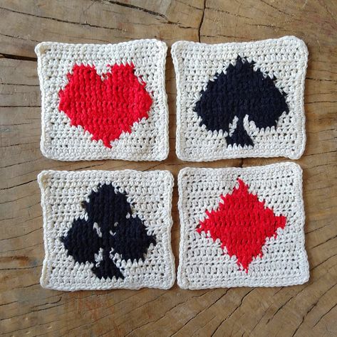 Crochet Patterns: 4 Playing Cards Squares, Crochet Square Motif, Heart, Diamond, Club, Spade, Crochet Applique, Backpack Patch, pdf pattern Crochet Patch Designs, Heart Motif Design, Crochet Spade, Heart Square Crochet Pattern, Crochet Patches, Playing Card Crafts, Diamond Crochet, Motifs Granny Square, Squares Crochet