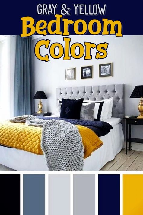 Bedroom accent colors for a gray and yellow bedroom - gray, yellow, blue and navy blue bedroom decorating ideas- beautiful master suite bedroom colors, dorm room colors or a teen bedroom color scheme. Really brightens up a small apartment bedroom too! Masculine Yellow Bedroom, Gray And Mustard Bedroom, Blue And Yellow Room Bedrooms, Gray Navy Bedroom, Bedroom Accent Colors, Gray And Navy Bedroom, Navy And Yellow Bedroom, Yellow Bedding Bedroom, Yellow And Gray Bedding