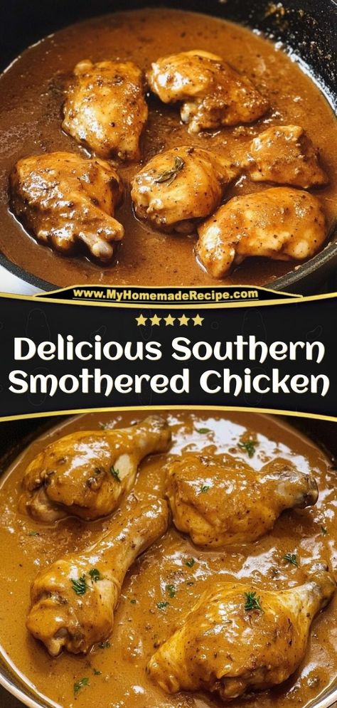 🍗 Southern Smothered Chicken just like grandma made! Tender chicken smothered in rich, creamy gravy with herbs. Pure comfort food that'll warm your soul! #southernfood #comfortfood #chickendinner Ingredients: Chicken thighs Heavy cream Onions Chicken broth Soul-warming Southern comfort in every bite! 👩‍🍳✨ Smothered Chicken With Brown Gravy, Soul Smothered Chicken, Southern Chicken Leg Recipes, Smothered Chicken Quarters, Stewed Chicken In Crockpot, Southern Crock Pot Recipes, Chicken Thigh Gravy Recipe, Baked Chicken Recipes With Gravy, Gravy Smothered Chicken