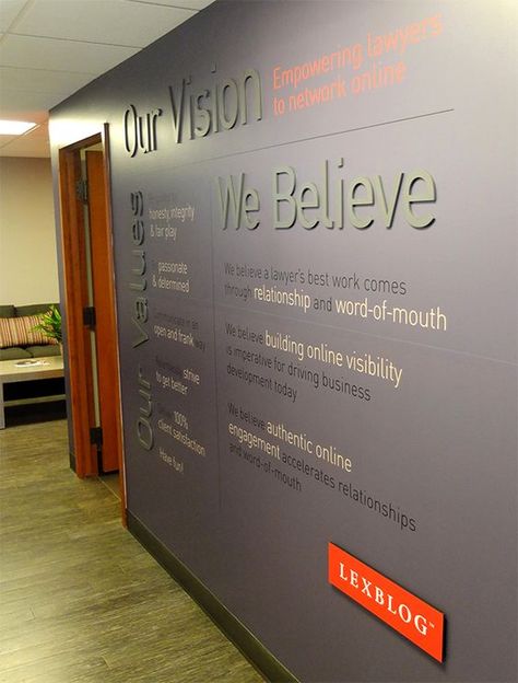 LexBlog, a legal social media networking company, needed a fresh look for their new downtown office space. Working with their vision and beliefs, we created a unique corporate environment that fit within their established brand.Using LexBlog's wide arra… Office Wall Graphics, Church Lobby, Office Wall Design, Training Room, Staff Room, Grey Office, Corporate Office Design, Office Branding, Church Interior