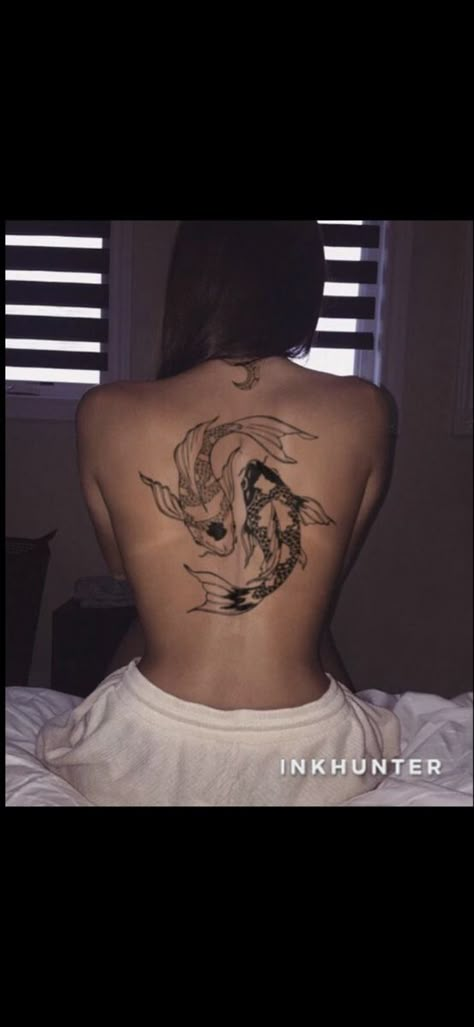 Fish Back Tattoo, Koi Fish Back Tattoo, Koi Tattoo Design, Spine Tattoos For Women, Tattoos For Black Skin, Stomach Tattoos, Fish Tattoo, Thigh Tattoos Women, Classy Tattoos