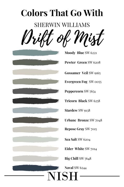 Coordinating Colors With Drift Of Mist, Drift Of Mist Paint Color, Sherwin Williams Drift Of Mist Coordinating Colors, Drift Of Mist Sherwin Williams Coordinating Colors, Drift Of Mist Exterior House, Colors That Go With Drift Of Mist, Sw Drift Of Mist Coordinating Colors, Drift Of Mist Color Palette, Drift Of Mist Living Room