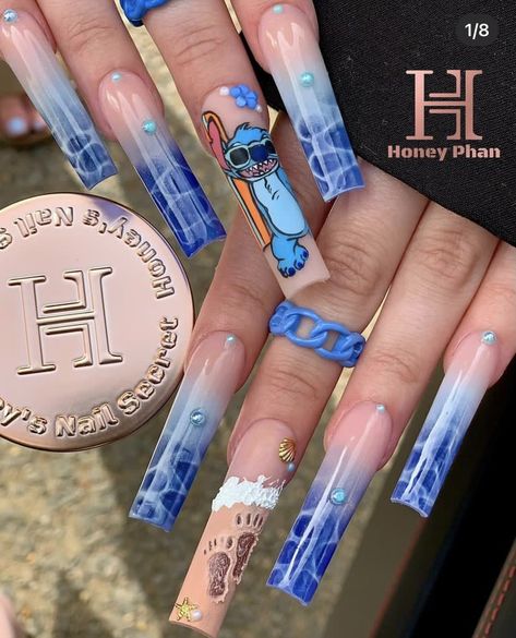 Cartoon Nail Designs, Stitch Summer, Disney Inspired Nails, Disney Acrylic Nails, Nails Beach, Nail Tip Designs, Summer Nails Beach, Long Acrylic Nail Designs, Diy Acrylic Nails