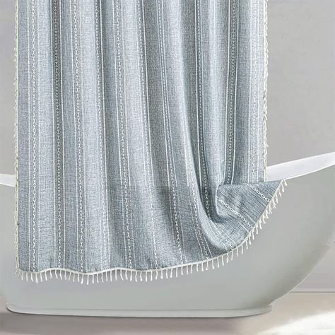 Amazon.com: RoomTalks Blue Modern Farmhouse Shower Curtain Extra Long 78 Inch Length, Country Cottage Bathroom Decor Boho Chic Texture Linen Bohemian Bathroom Shower Curtain Set with Hooks : Home & Kitchen Modern Farmhouse Shower Curtain, Blue Modern Farmhouse, Cottage Core Bathroom, Country Cottage Bathroom, Cottage Bathroom Decor, Bohemian Shower Curtain, Farmhouse Shower Curtain, Bohemian Bathroom, Boho Bathroom Decor