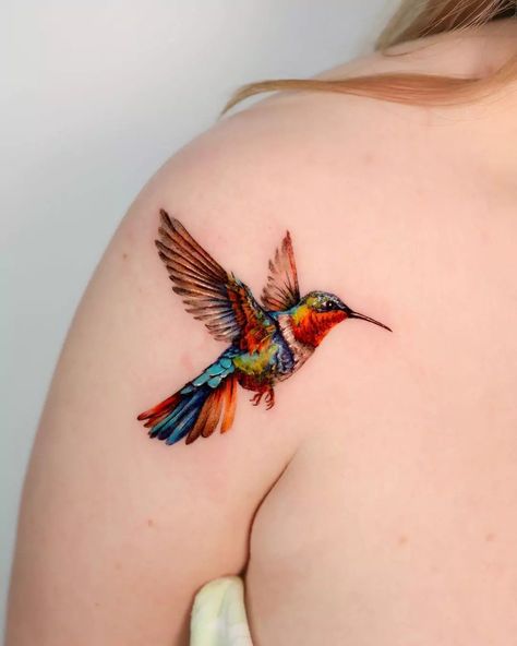 Hummingbird Tattoo Colorful, Hummingbird Tattoo Watercolor, Colorful Hummingbird Tattoo, Hummingbird Flower Tattoos, Hummingbird Tattoos, Small Hummingbird Tattoo, Marigold Tattoo, Places For Tattoos, Tattoo Catalog