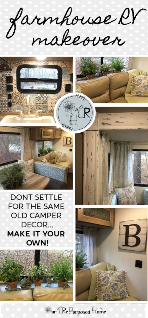 Decorating My Rv Rv Interior, Rustic Camper Decorating Ideas, Camper Farmhouse Decor, Travel Trailer Upgrades Diy, Driving Rv Remodel, Rv Farmhouse Makeover, Travel Trailer Remodel Before And After, Farmhouse Rv Decorating, Rustic Rv Decor Camper Interior