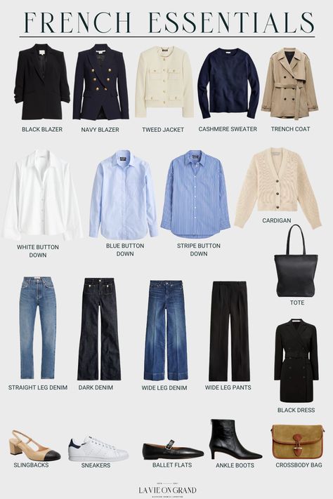 Key pieces part of the French Wardrobe Essentials List. Here are the items to own to look chic, stylish, and classic like French women. Fall French Outfits Women, Capsule Wardrobe French, French Winter Outfits, French Wardrobe Essentials, French Minimalist Wardrobe, French Wardrobe Basics, Wardrobe Essentials List, French Style Fashion, Style Parisian Chic