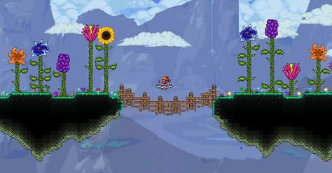 Terraria Bridge, Terraria Houses, Terraria House Design, Terraria House, Terraria Builds, Rope Bridge, Creative Games, Terraria, In The Garden