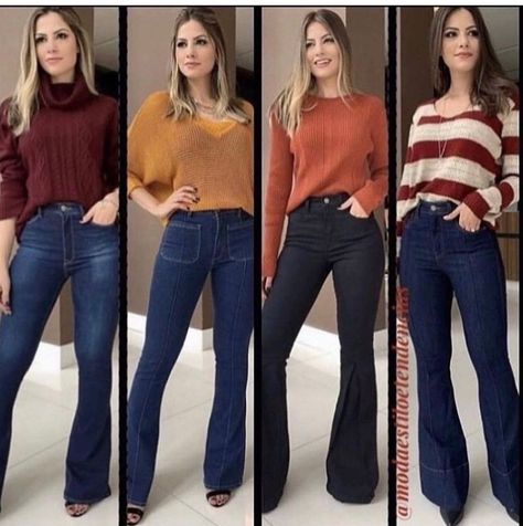 Jeans Semi Formal Outfits Women, Outfit Fall 2023 Women, Flare Jeans Office Outfit, Flare Outfit Jeans, Flare Jeans Outfit Fall 2023, How To Wear Flared Jeans, Jeans Flare Outfits Invierno, Flared Jeans Outfit Casual, Flare Jeans And Sweater Outfit