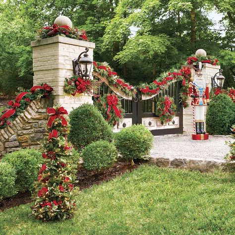 Home + Style - Frontgate Christmas Gate Decorations Outdoor, Outdoor Decorations Ideas, Outdoor Gate, Gate Decoration, Outside Christmas Decorations, Fence Decor, Outdoor Christmas Lights, Indoor Christmas, Outdoor Decorations