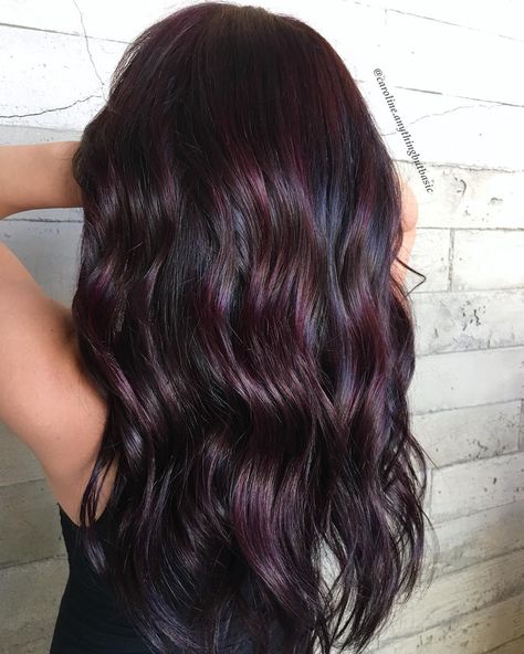 Black Hair With A Hint Of Red, Mulberry Balayage Hair, Subtle Burgundy Balayage, Fall Beauty Ideas, Subtle Burgundy Hair, Brunette With Burgundy Highlights, Easy Upkeep Hair Color, Deep Red Highlights On Dark Hair, Wine Highlights On Dark Hair