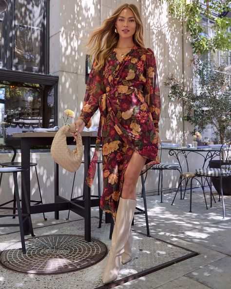 Harvest Love Floral Print Wrap Midi Dress – VICI Fancy Fall Dresses, Fall Floral Dress, Western Wear Dresses, Mock Neck Blouse, Suede Boots Knee High, Favorite Boots, Wrap Midi Dress, Long Sleeve Print Dress, The Harvest