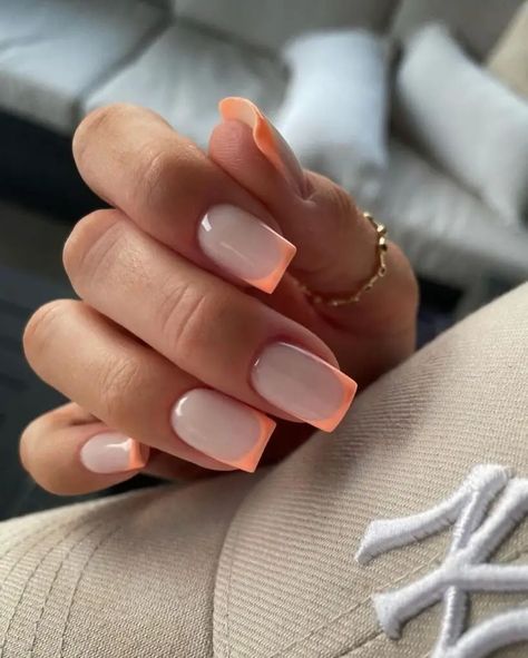 Save this pin for gorgeous peachy nail inspiration that will take your style to the next level. Elevate your look with trendy nail designs perfect for any occasion. #NailInspo #PeachyNails #FashionTrends Peach And White Nails Acrylic, Simple Peach Nails, Peachy French Nails, Peachy Nails Designs, Short Peach Nails, Peach French Tips, Peach French Tip Nails, Peach Nails With Designs, Peach Color Nails