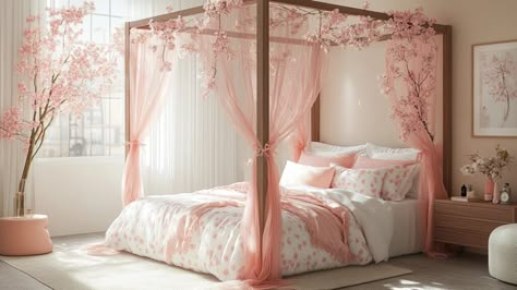 Canopy Bed Girls Bedroom, Canopy Bed With Drapes, Curtain Rod Canopy Bed, Canopy Bed For Girls Room, Girls Canopy Bedroom Ideas, Canopy Beds For Girls Room, Canopy Bed Ideas For Girls Kids, Pink Canopy Bedroom, Bedroom Ideas With Canopy Bed